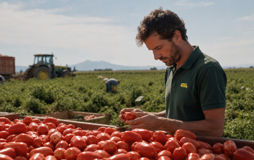Profesional seleccionando tomates en el campo