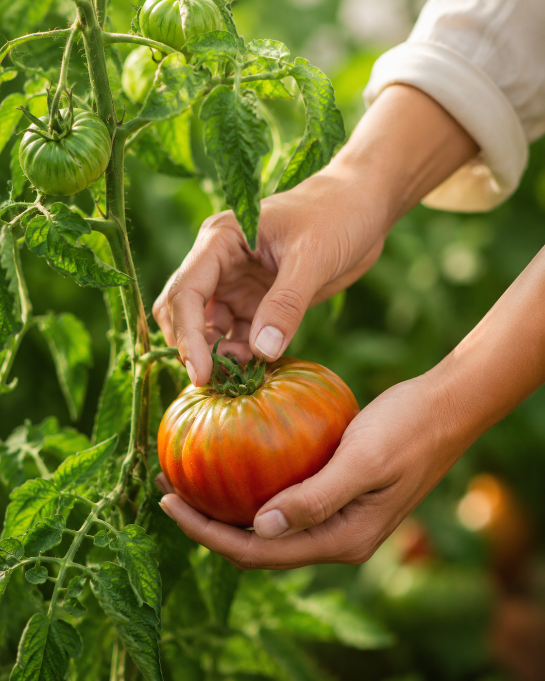Manos recolectando un tomate maduro en la planta